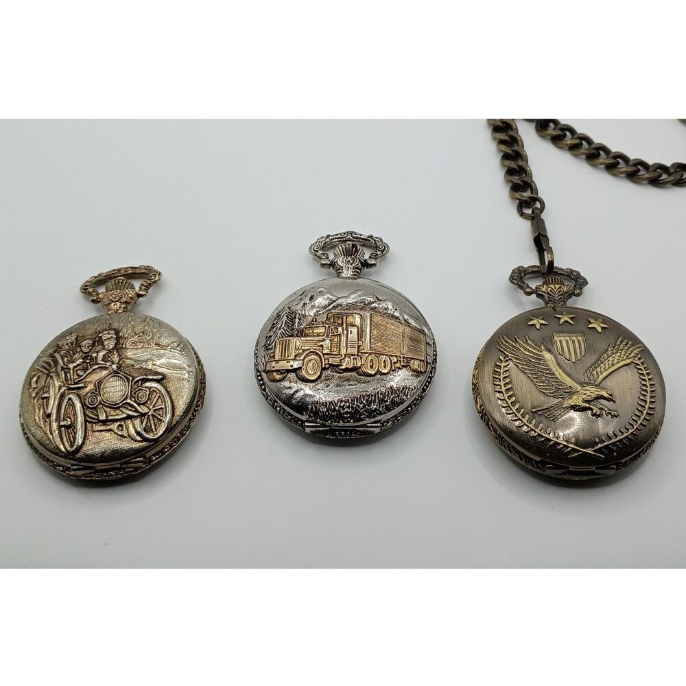 Pocket Watches – Antique Car, Semi Truck & Eagle - Lot of 3